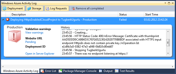 Windows Azure Visual Studio Deployment Error